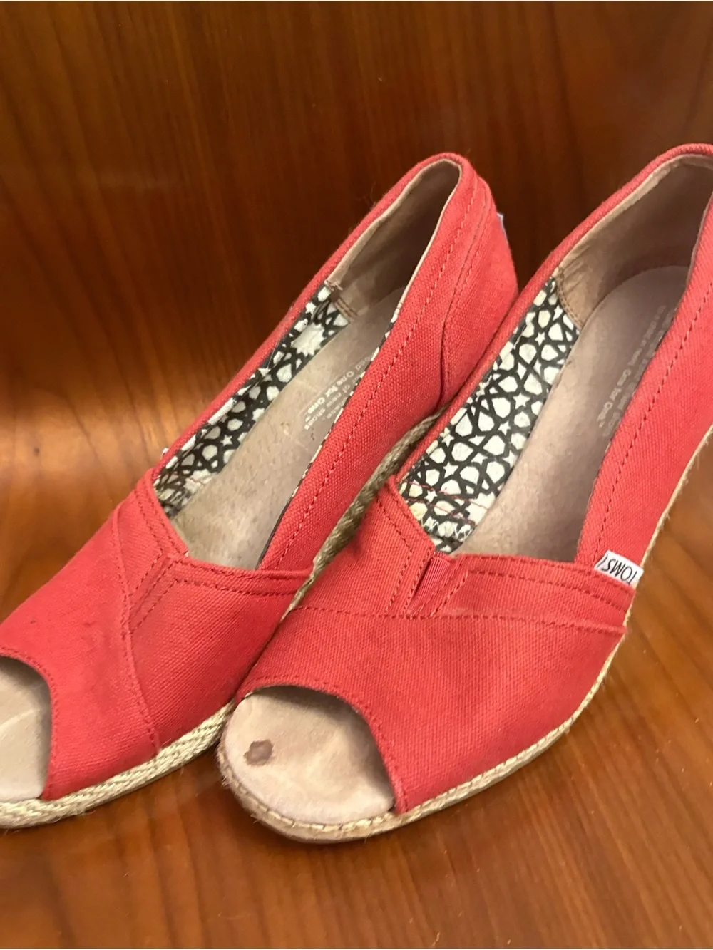 Toms Coral-Red Canvas Peep-Toe Wedge Espadrilles